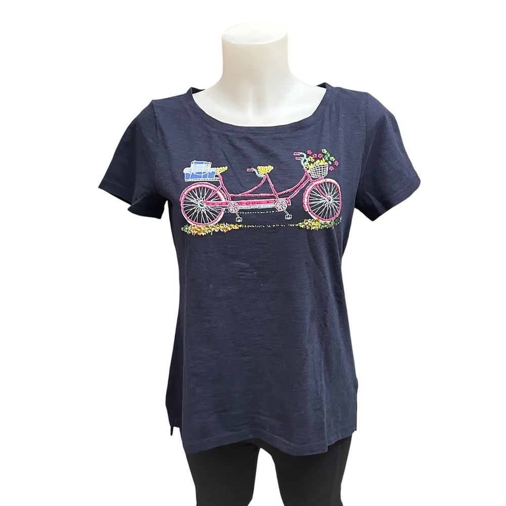 Talbots Double Seat Bicycle Tee‎ Blue Size Small Cotton Beaded